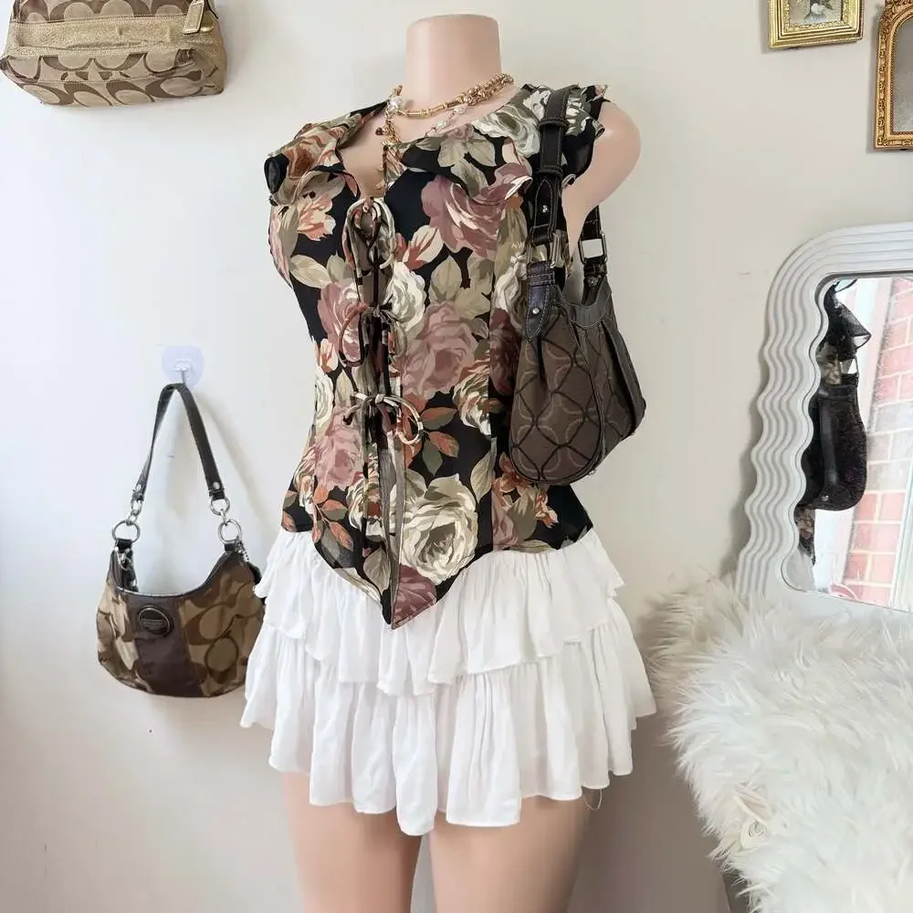 Y2K Floral Print Sleeveless Tie-Front Top